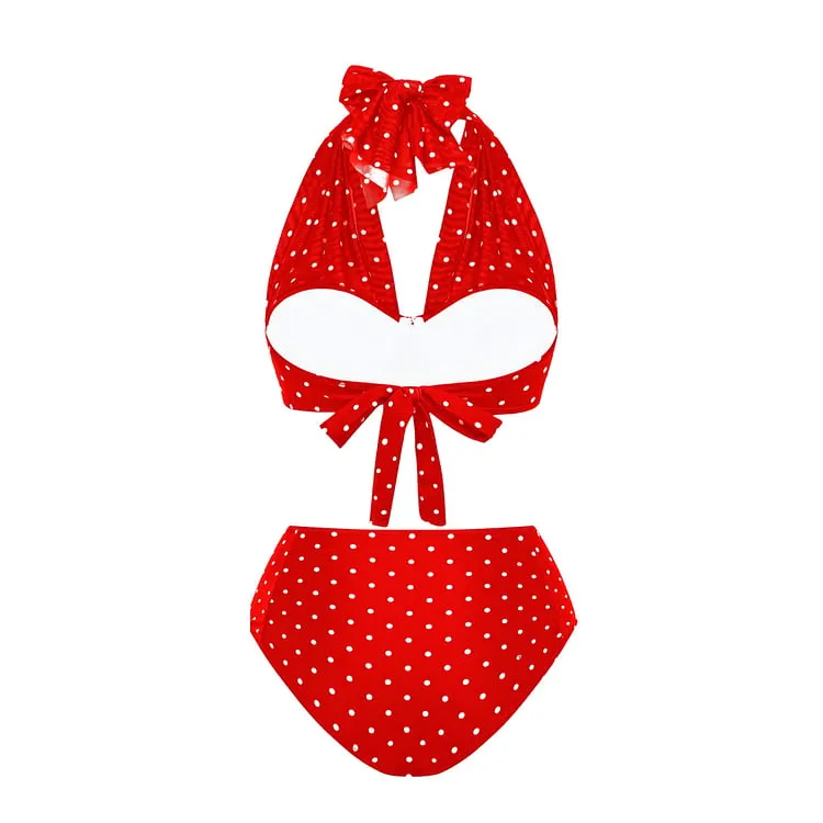 84Volt  Polka dot mesh breathable halter neck Print Bikini Swimsuit Set - As shown / S