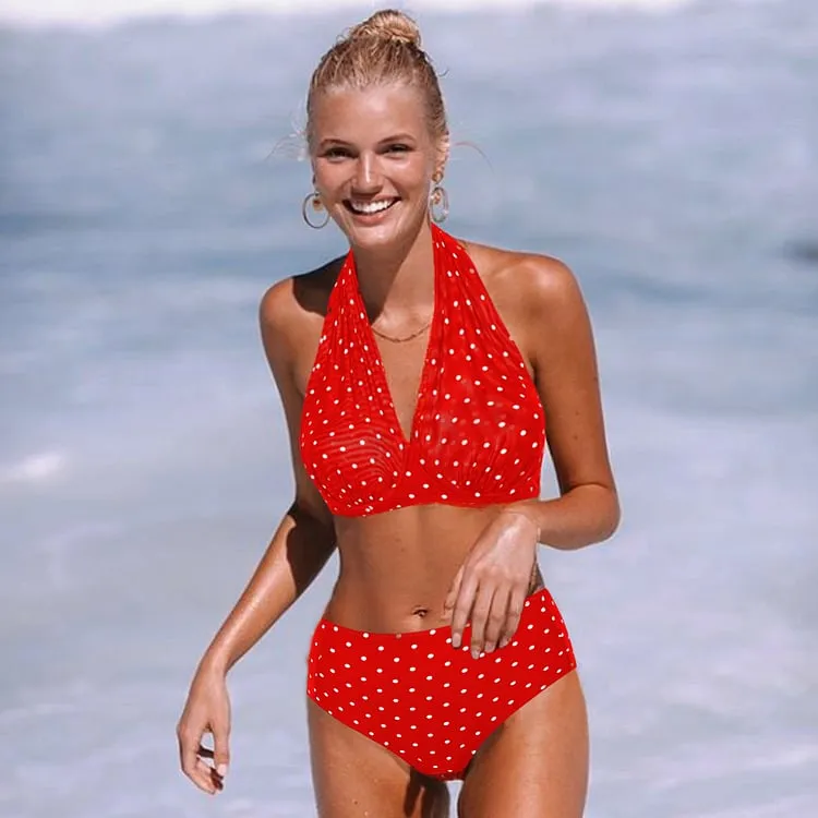 84Volt  Polka dot mesh breathable halter neck Print Bikini Swimsuit Set - As shown / S