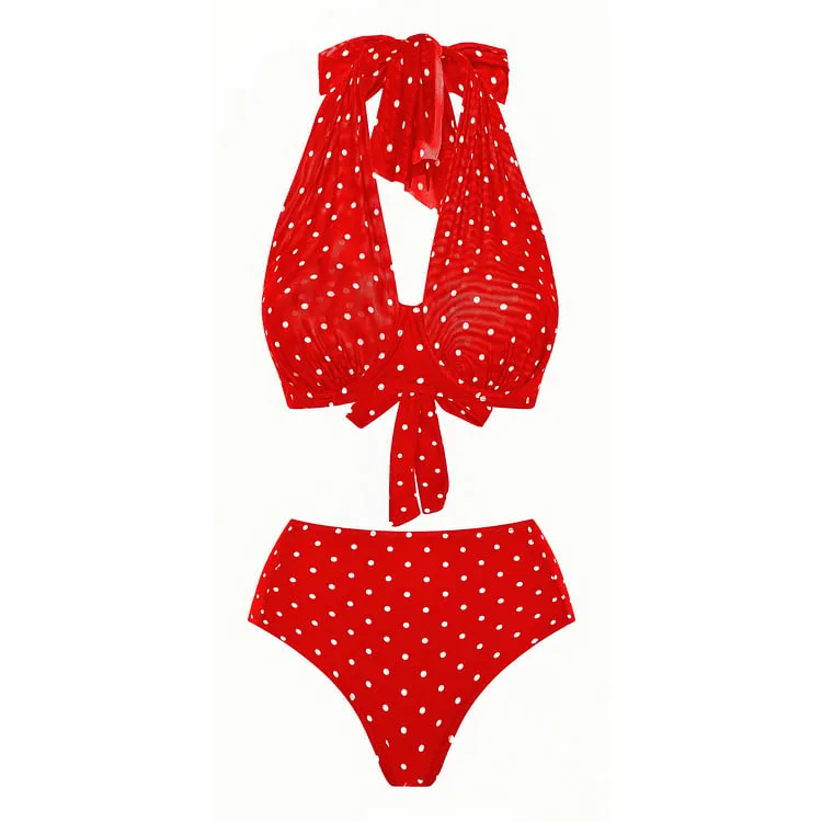 84Volt  Polka dot mesh breathable halter neck Print Bikini Swimsuit Set - As shown / S