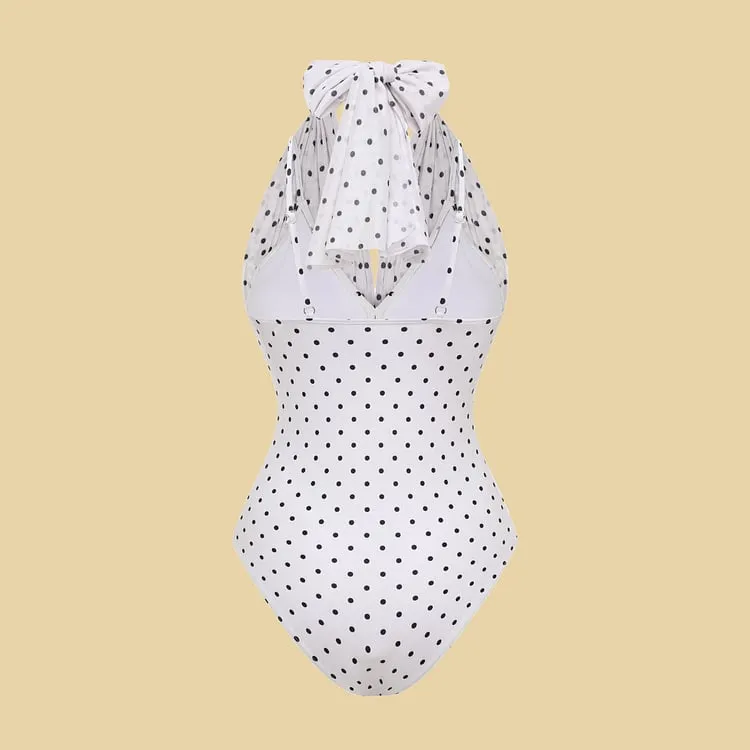 84Volt  Polka dot mesh breathable halter neck Print One Piece Swimsuit Set - As shown / S