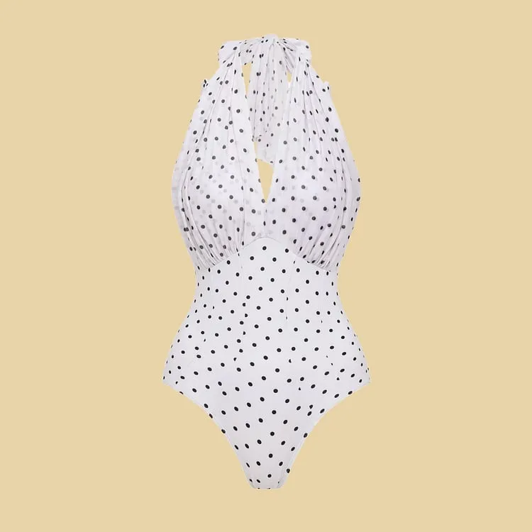 84Volt  Polka dot mesh breathable halter neck Print One Piece Swimsuit Set - As shown / S