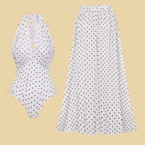 84Volt  Polka dot mesh breathable halter neck Print One Piece Swimsuit Set - As shown / S