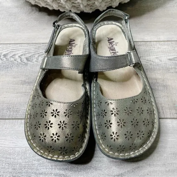 Alegria Jemma Metallic Perforated Leather Crossover Mary Jane Pewter Size 38