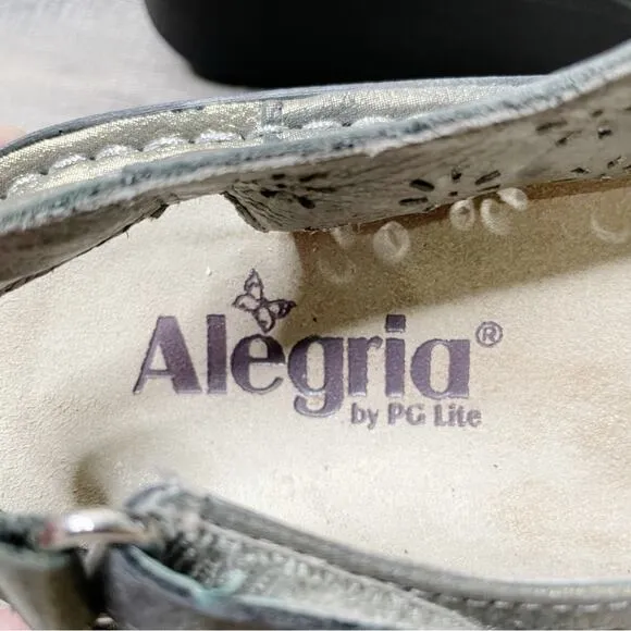 Alegria Jemma Metallic Perforated Leather Crossover Mary Jane Pewter Size 38