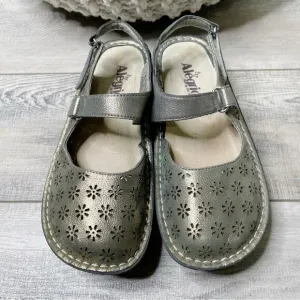 Alegria Jemma Metallic Perforated Leather Crossover Mary Jane Pewter Size 38