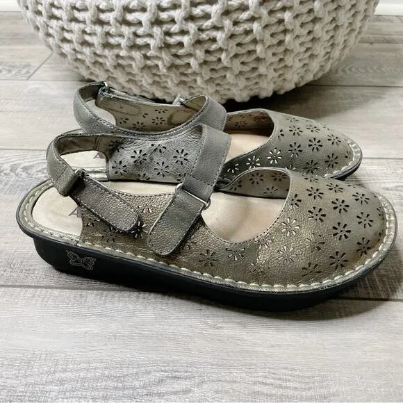 Alegria Jemma Metallic Perforated Leather Crossover Mary Jane Pewter Size 38