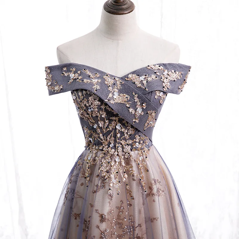 Beautiful Off Shoulder Tulle with Lace Long Evening Gown, Floor Length Prom Dresses