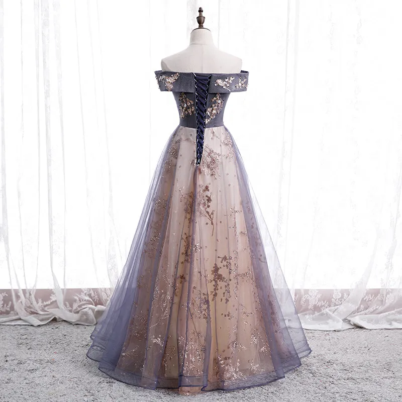 Beautiful Off Shoulder Tulle with Lace Long Evening Gown, Floor Length Prom Dresses
