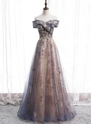 Beautiful Off Shoulder Tulle with Lace Long Evening Gown, Floor Length Prom Dresses