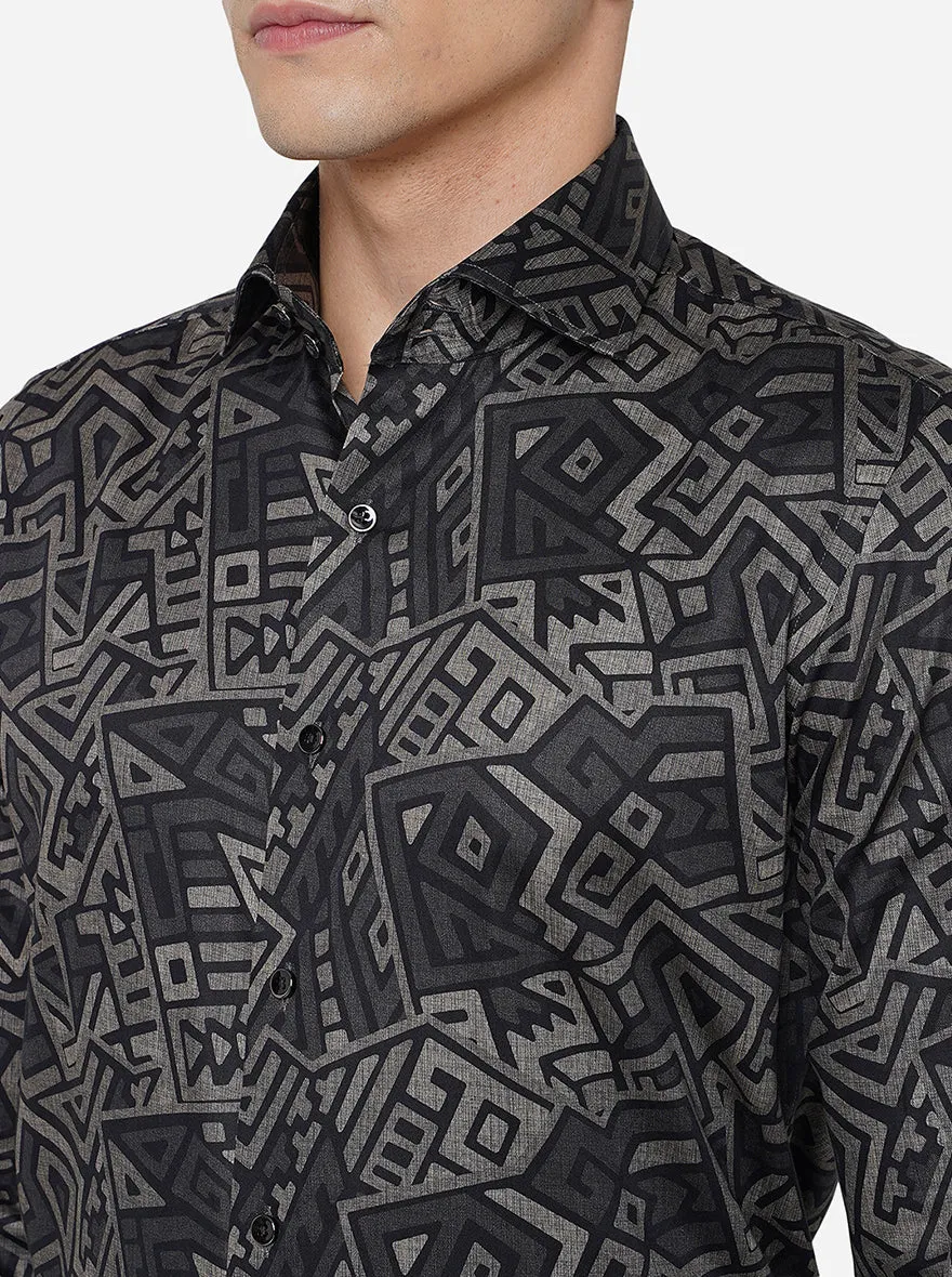Black & Grey Printed Slim Fit Party Wear Shirt | JB Studio