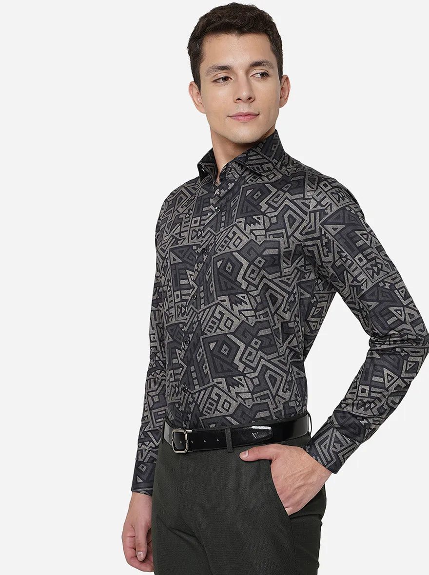 Black & Grey Printed Slim Fit Party Wear Shirt | JB Studio