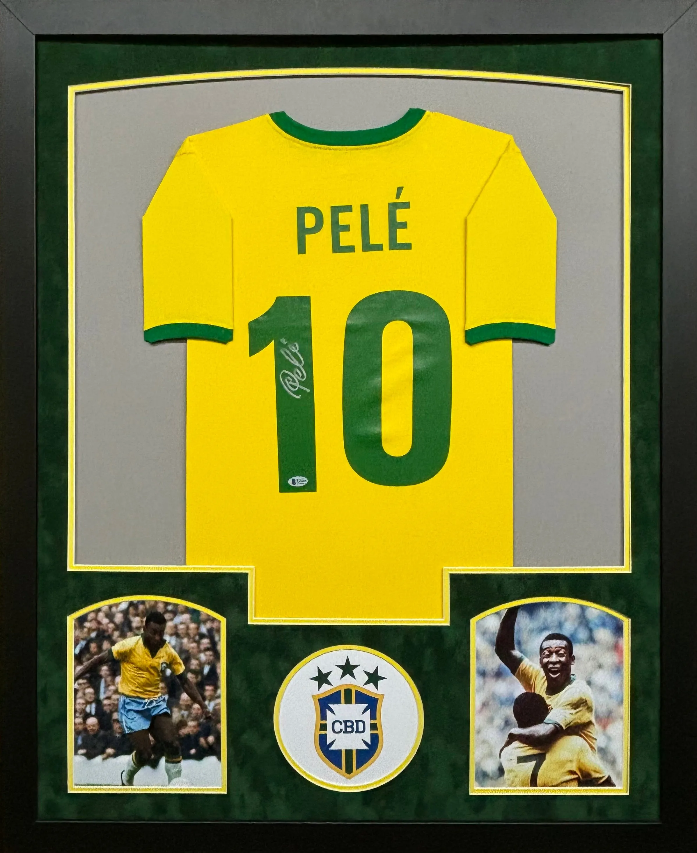 CBD Brazil National Team Pele Hand Signed Autographed Yellow Jersey Framed & Suede Matted with JSA COA