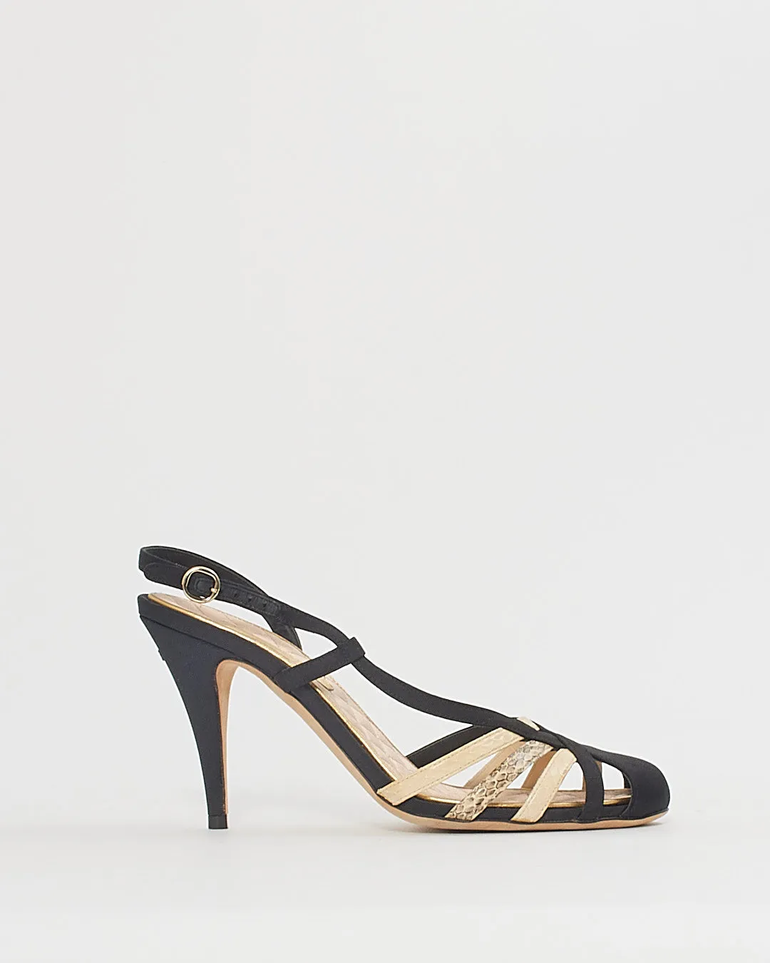 Chanel Black Snake Print Cage Sling Back Sandal - 37.5