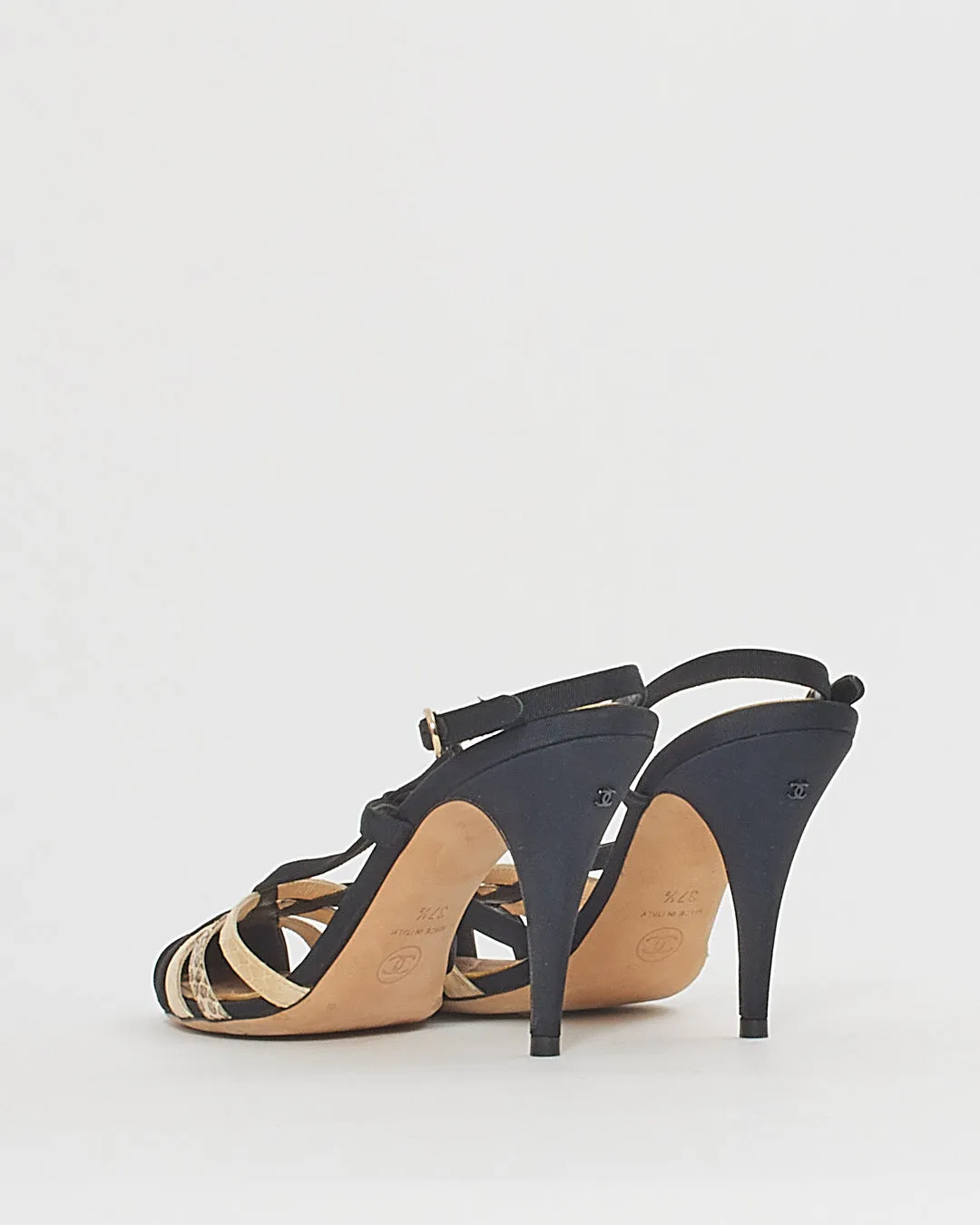 Chanel Black Snake Print Cage Sling Back Sandal - 37.5