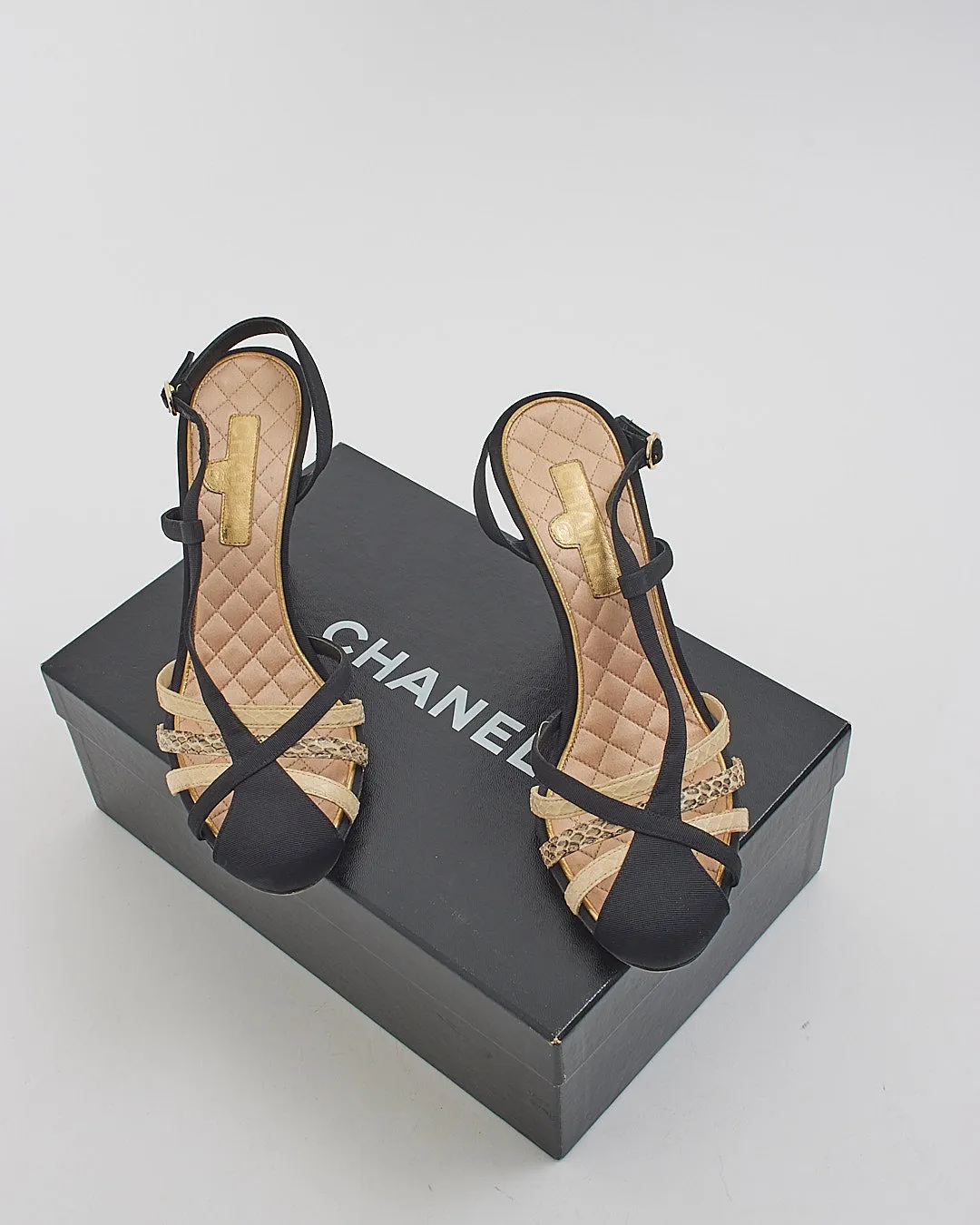Chanel Black Snake Print Cage Sling Back Sandal - 37.5