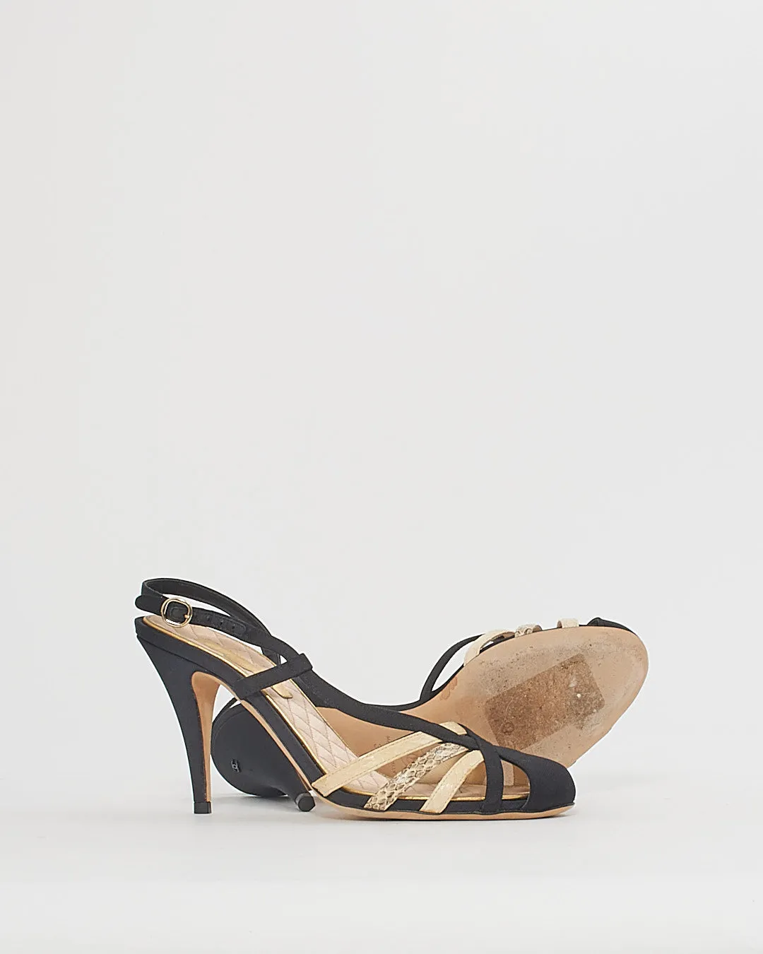 Chanel Black Snake Print Cage Sling Back Sandal - 37.5