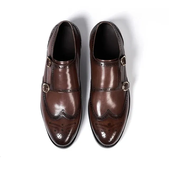 Classic Leather Men's Double Buckle Monk Strap Brogue Shoes