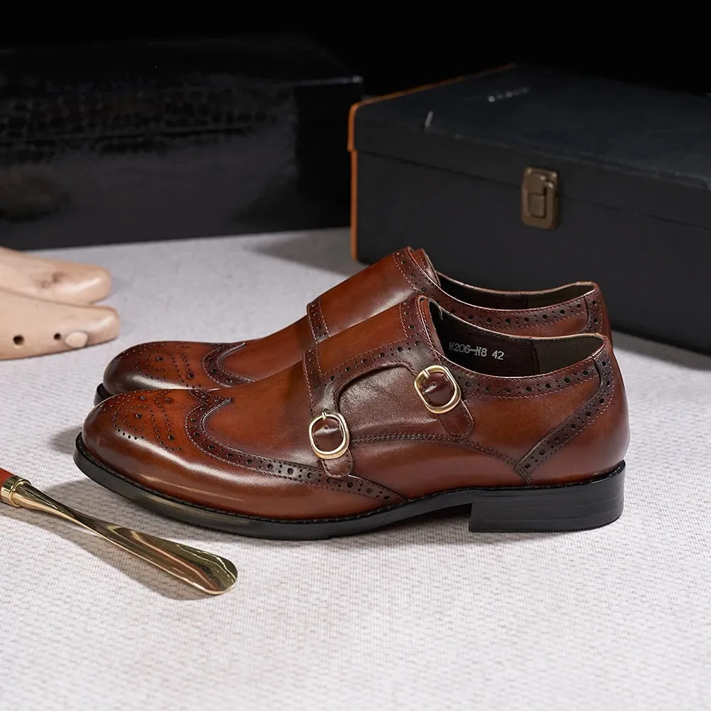 Classic Leather Men's Double Buckle Monk Strap Brogue Shoes