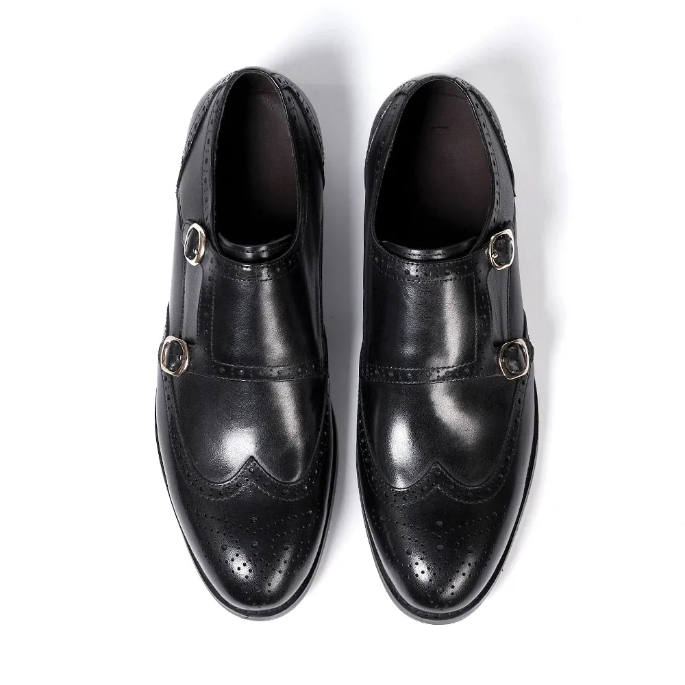 Classic Leather Men's Double Buckle Monk Strap Brogue Shoes