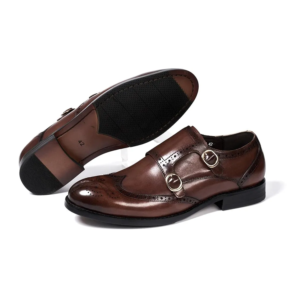 Classic Leather Men's Double Buckle Monk Strap Brogue Shoes