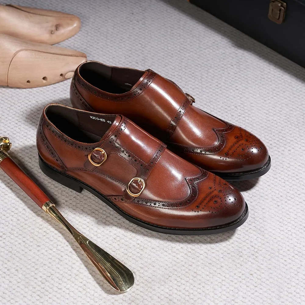 Classic Leather Men's Double Buckle Monk Strap Brogue Shoes