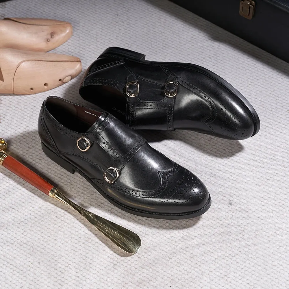Classic Leather Men's Double Buckle Monk Strap Brogue Shoes