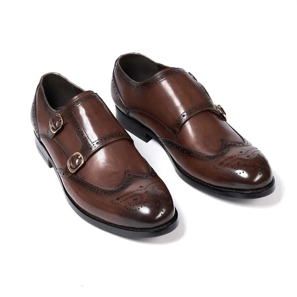 Classic Leather Men's Double Buckle Monk Strap Brogue Shoes