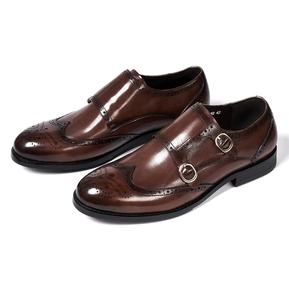 Classic Leather Men's Double Buckle Monk Strap Brogue Shoes