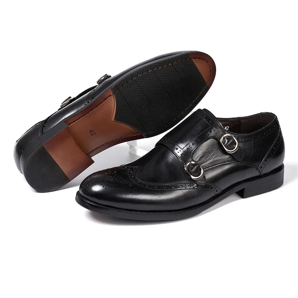 Classic Leather Men's Double Buckle Monk Strap Brogue Shoes