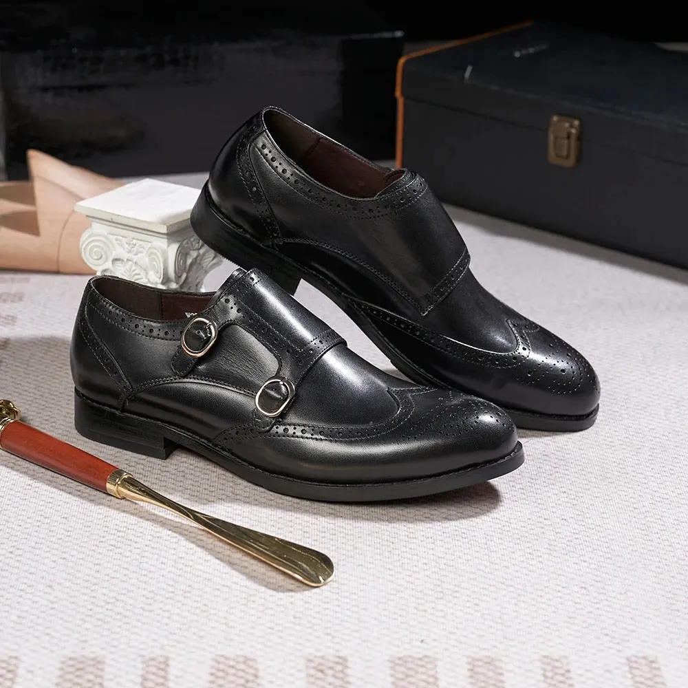 Classic Leather Men's Double Buckle Monk Strap Brogue Shoes