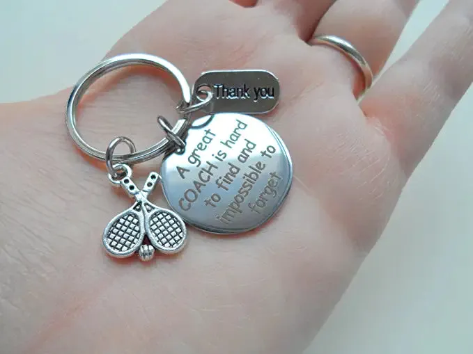 Coach Appreciation Keychain with "A Great Coach is Hard to Find and Impossible to Forget" Disc Charm (With Tennis Racquets Charm)