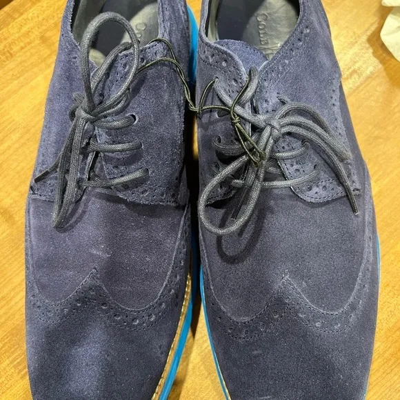 Cole Haan Lunargrand Oxford Shoes Men's 13M Blue Suede Leather Wingtip  NWOT