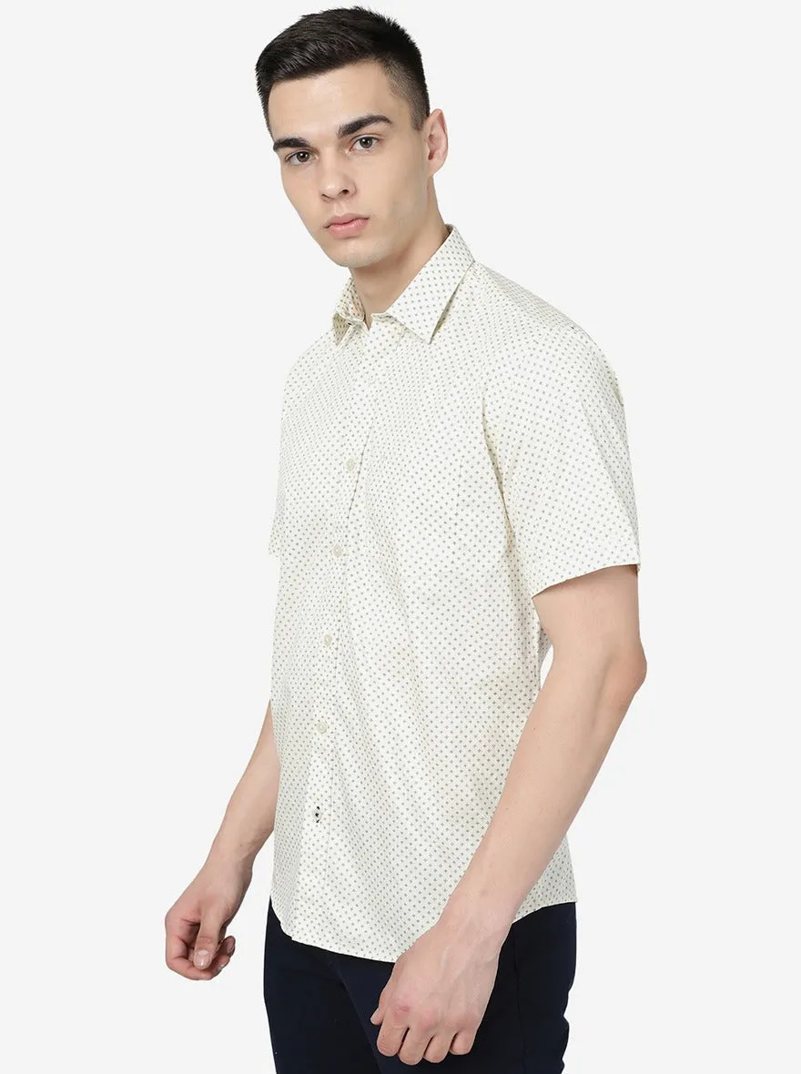 Cream Printed Slim Fit Semi Casual Shirt | JadeBlue