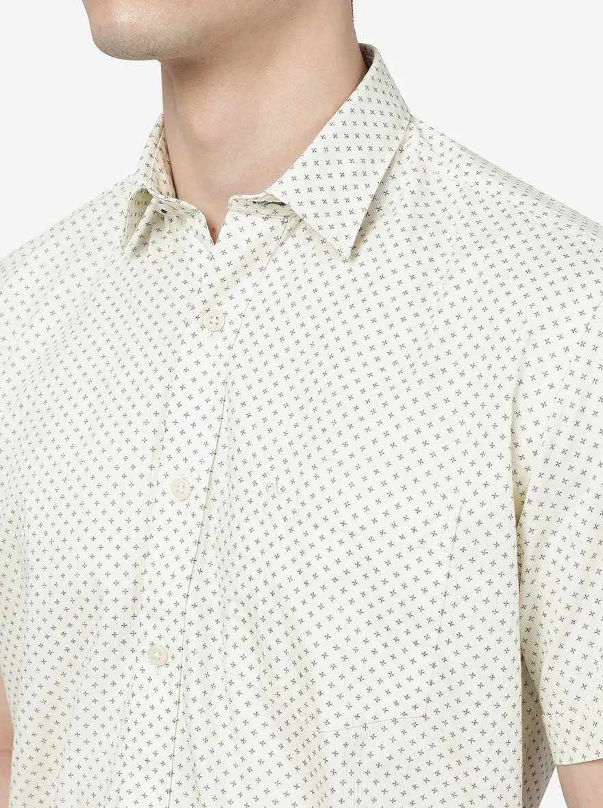 Cream Printed Slim Fit Semi Casual Shirt | JadeBlue