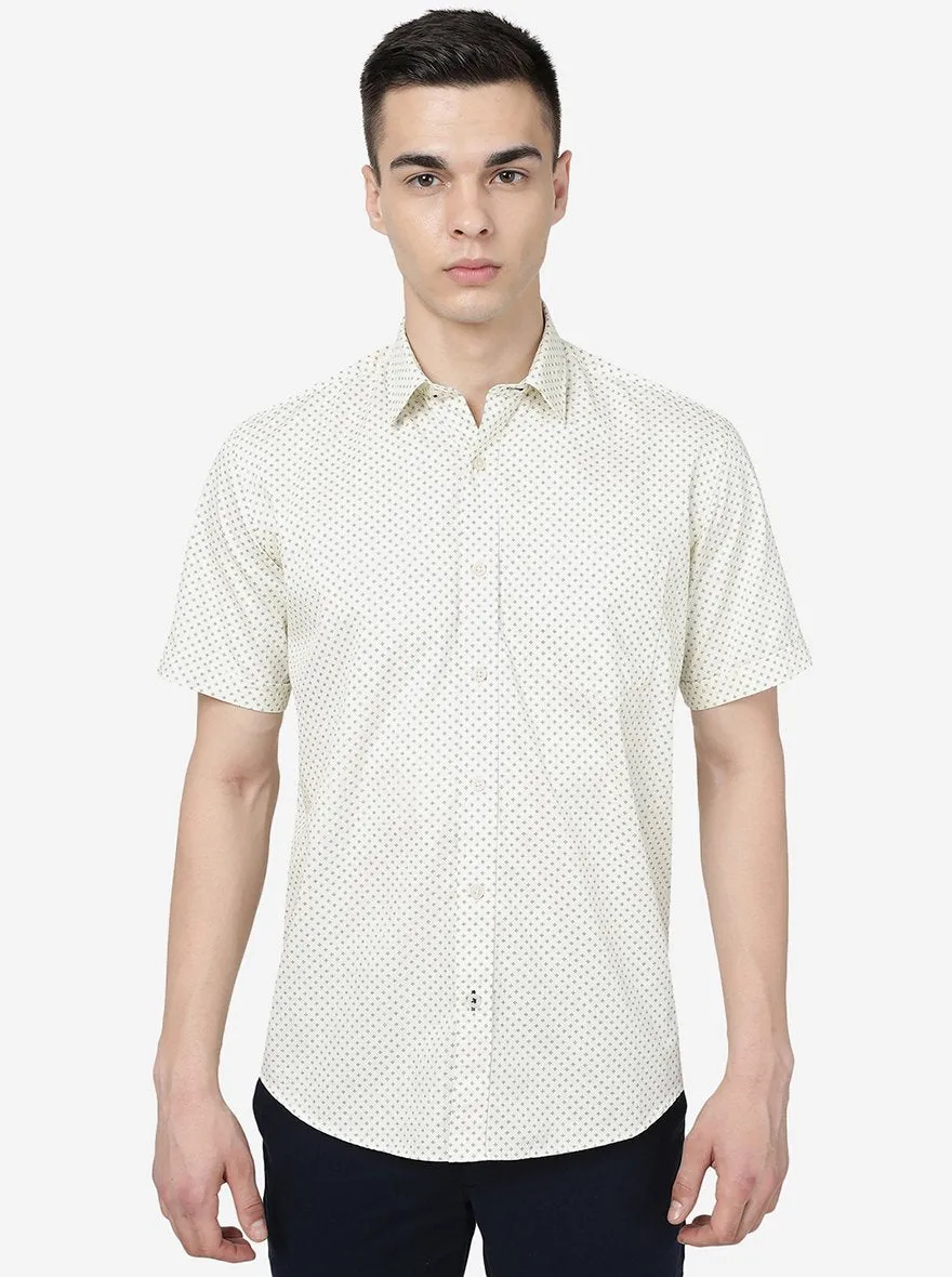 Cream Printed Slim Fit Semi Casual Shirt | JadeBlue