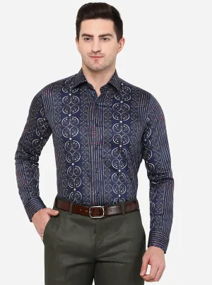 Dark Blue Printed Slim Fit Party Wear Shirt | JB Studio