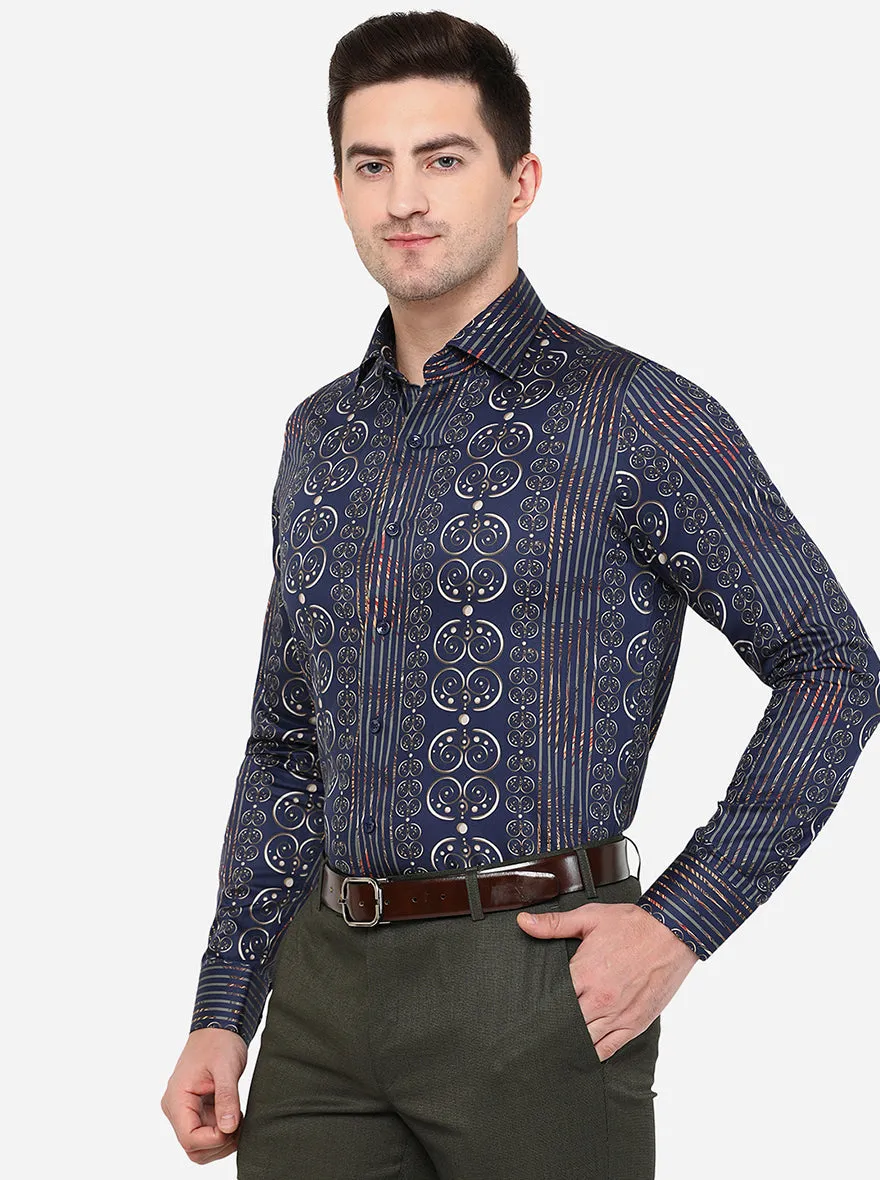 Dark Blue Printed Slim Fit Party Wear Shirt | JB Studio