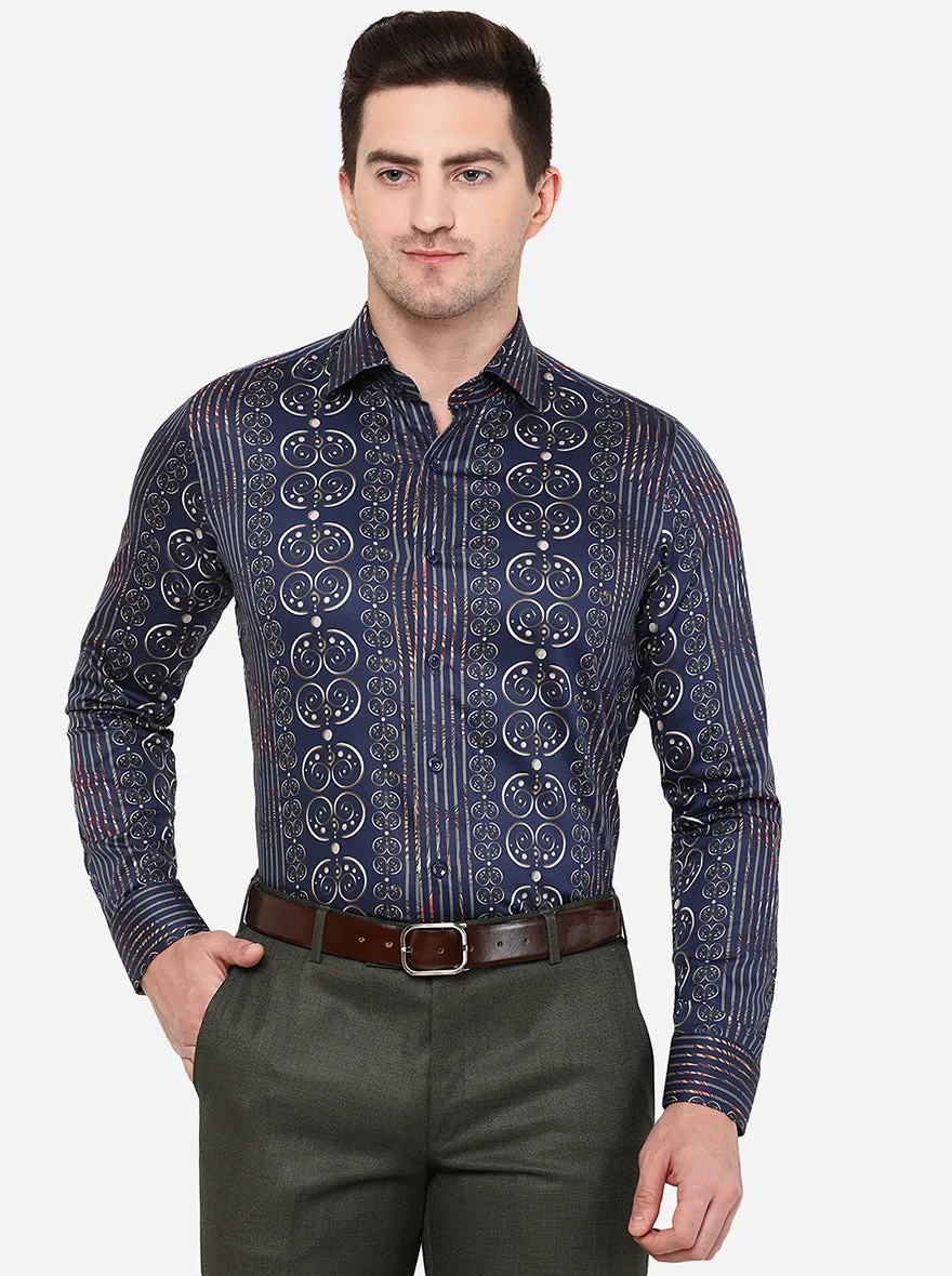 Dark Blue Printed Slim Fit Party Wear Shirt | JB Studio