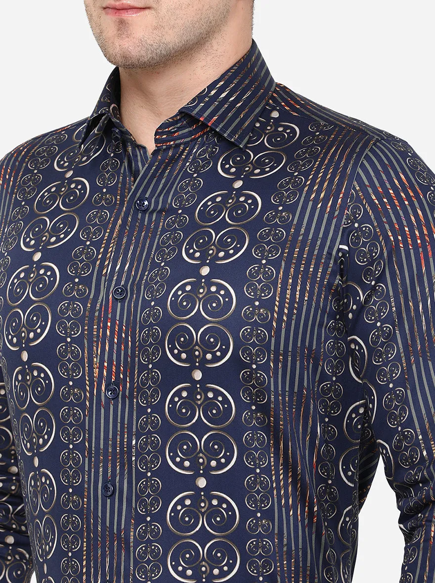 Dark Blue Printed Slim Fit Party Wear Shirt | JB Studio