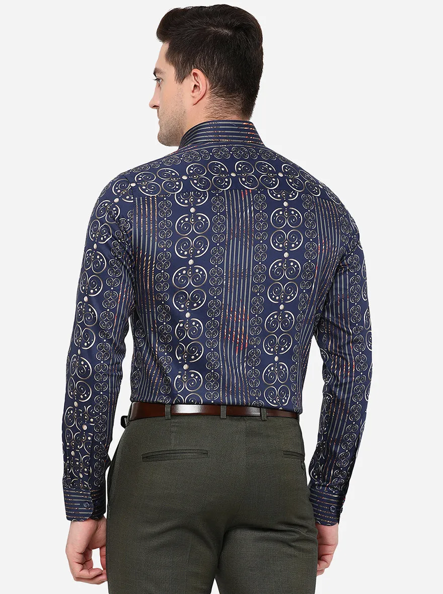 Dark Blue Printed Slim Fit Party Wear Shirt | JB Studio