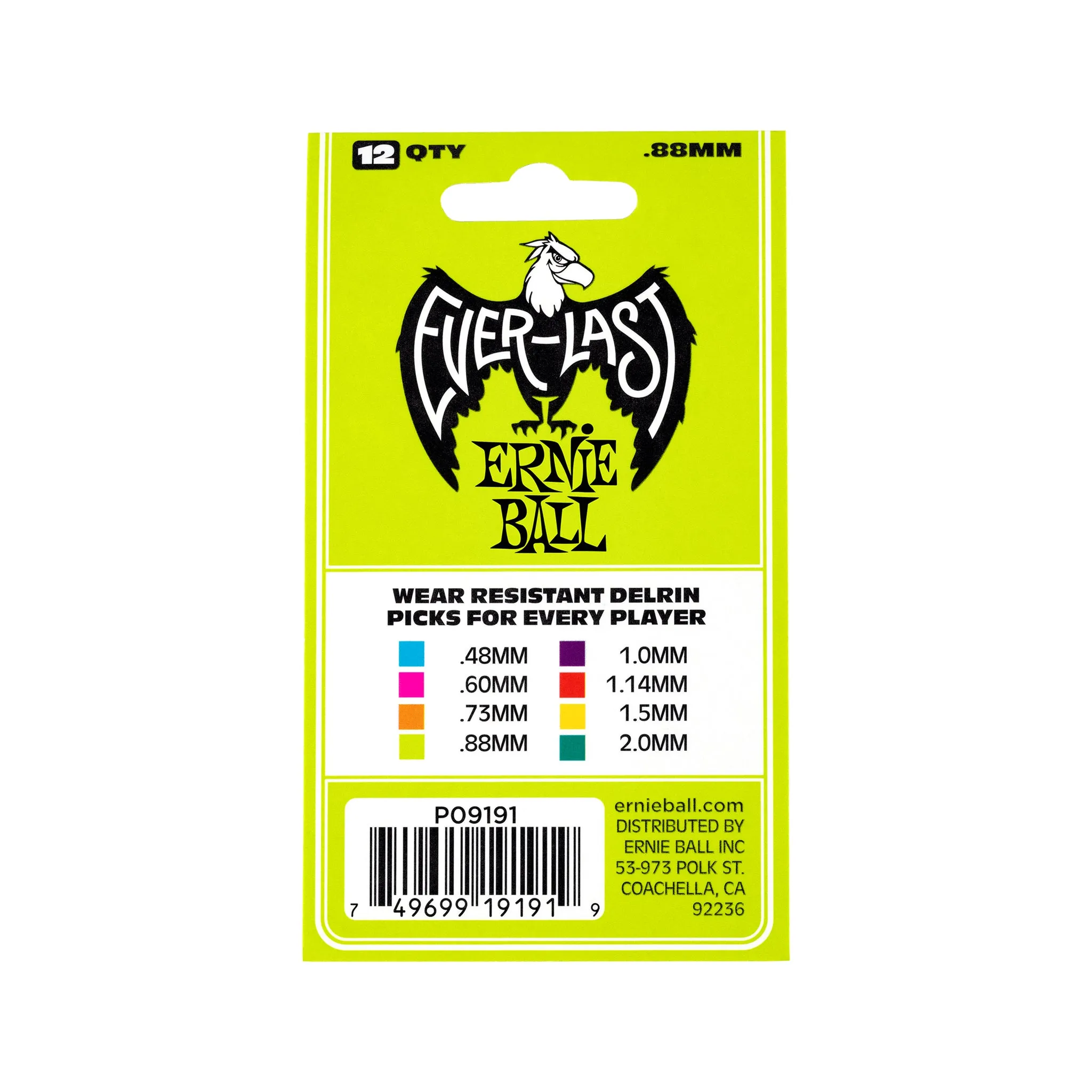 Ernie Ball Everlast Delrin .88mm Guitar Picks, Green, 12-Pack