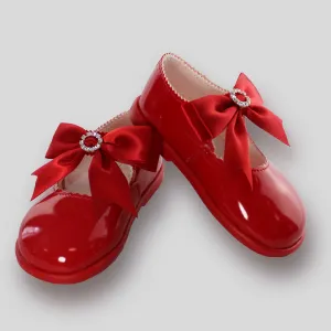 First Walker Shoes - Red Hard Sole with Bow and Diamante