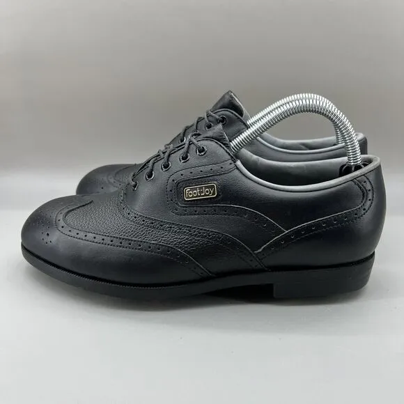 Footjoy DryJoys Men Size 8 M Shoes Black Leather Wingtip Oxford Golf Cleat 53634