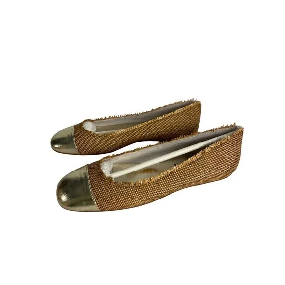 French‎ Sole FS/NY Imply Tan Raffia Gold Cap Toe Flat Sz 6.5 NIB
