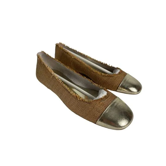 French‎ Sole FS/NY Imply Tan Raffia Gold Cap Toe Flat Sz 6.5 NIB