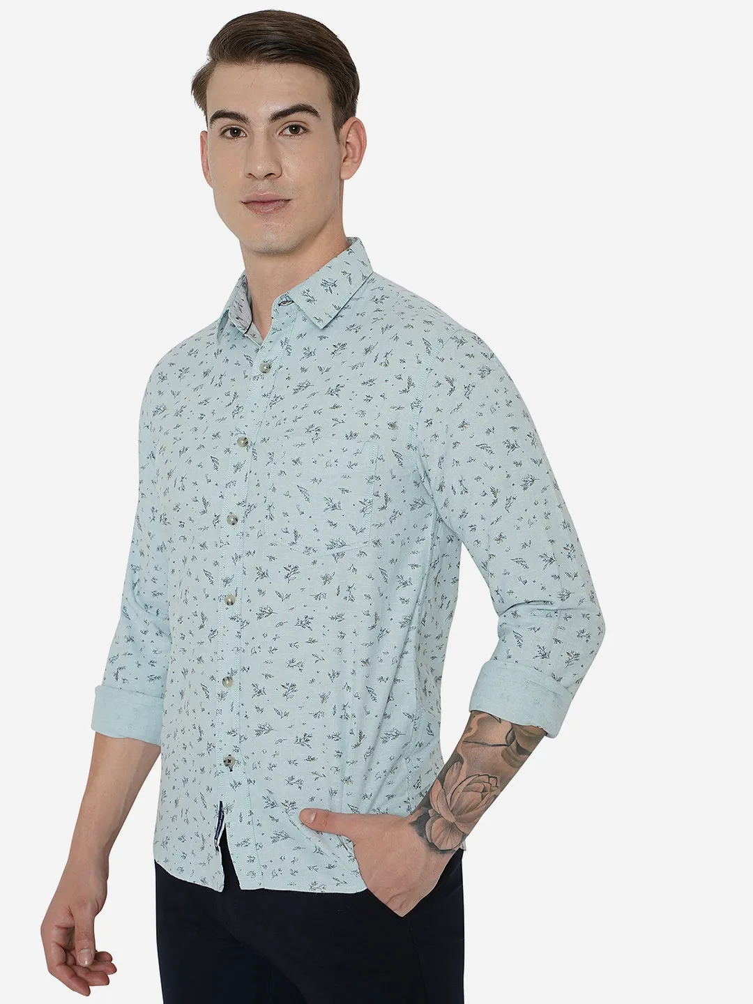 Glacier Grey Printed Slim Fit Semi Casual Shirt | Greenfibre