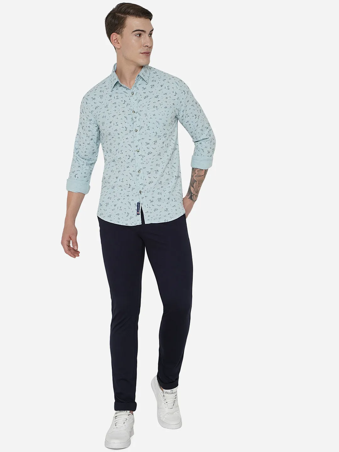 Glacier Grey Printed Slim Fit Semi Casual Shirt | Greenfibre