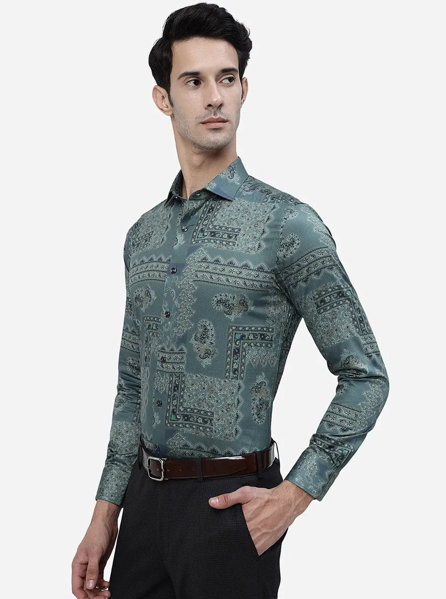 Green Printed Slim Fit Party Wear Shirt | JB Studio