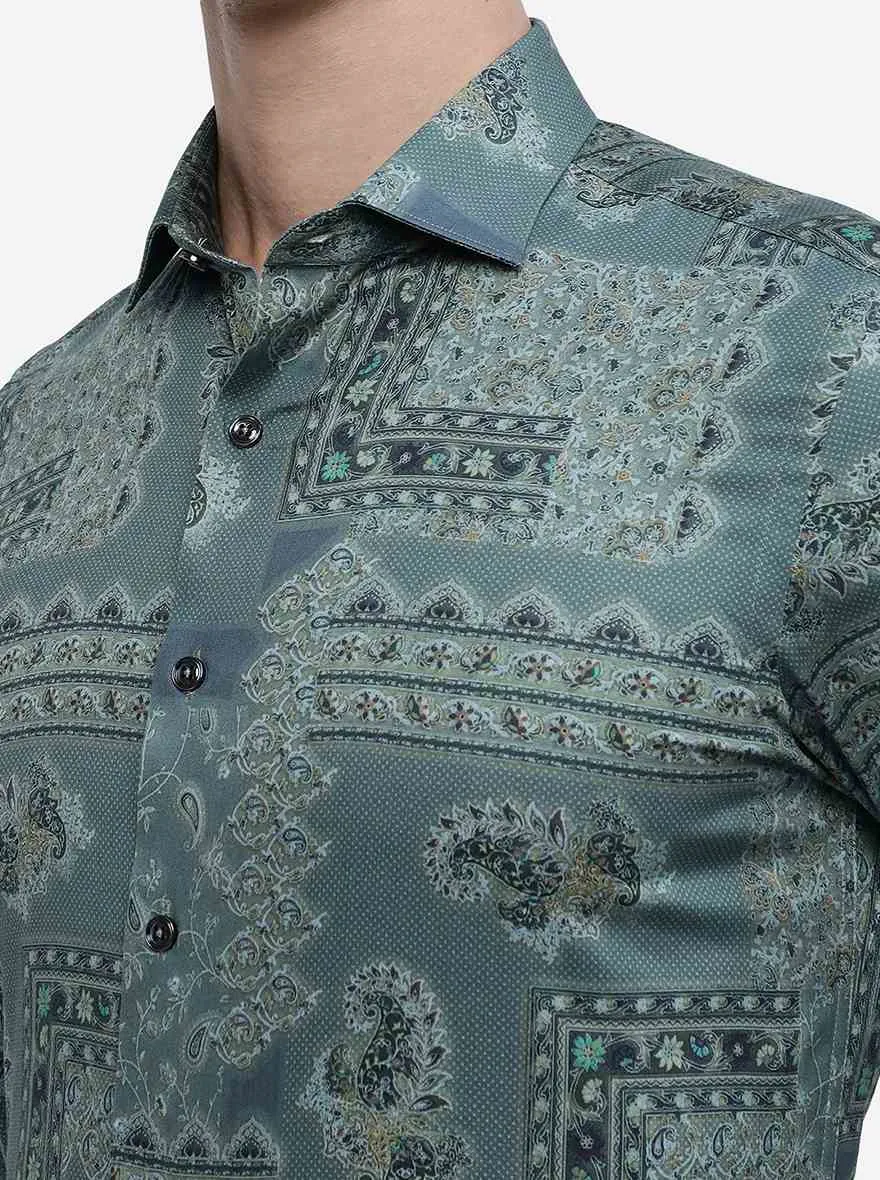 Green Printed Slim Fit Party Wear Shirt | JB Studio