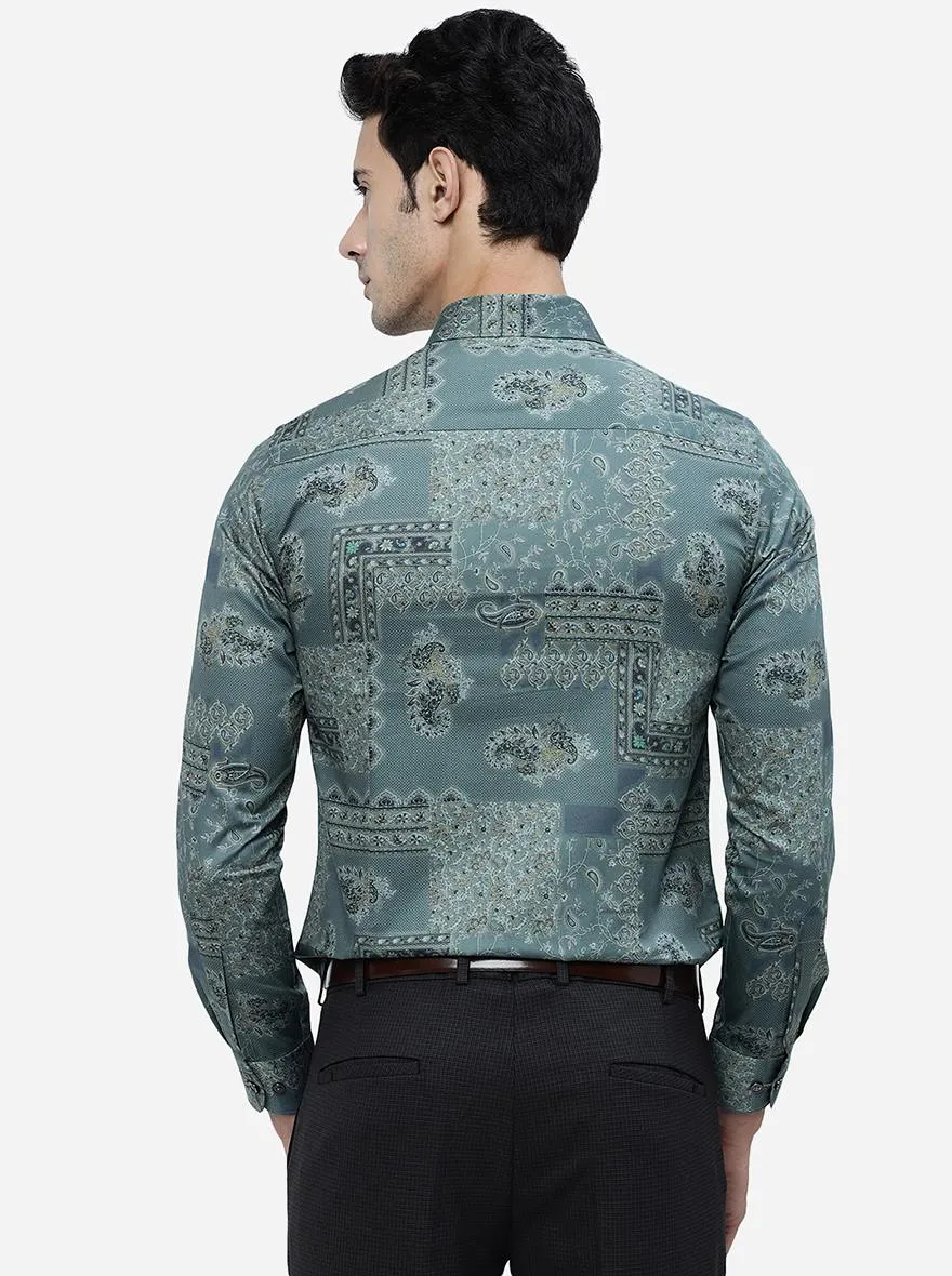 Green Printed Slim Fit Party Wear Shirt | JB Studio